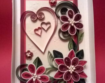 Greeting Quilled Card, Quilled Valentine Day Card, Handmade Quilling Card, I Love you Card, Red Flowers Card, Paper Card