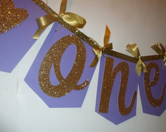 1st Birthday Highchair Banner / purple and gold glitter / Princess Sophia / hearts / One Banner / Pink, White, Purple