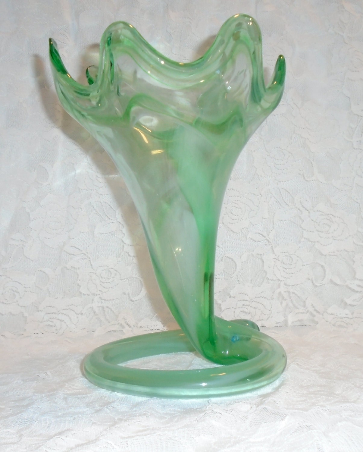 Art Deco Art Glass Green Swirl Stretch Trumpet Vase Vintage