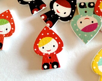 Little Red Riding Hood's colors buttons wood sewing Pack 10 / 20 / 30 / 40 / 50 PCS 26 * 18 mm scrapbooking craft clothing buttons of wood painted by hand