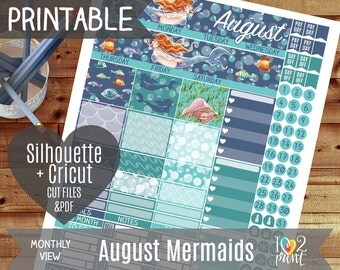 Mermaid August Monthly View Printable Planner Stickers, Erin Condren Planner Stickers, Monthly Overview Stickers, Watercolor CUT FILES