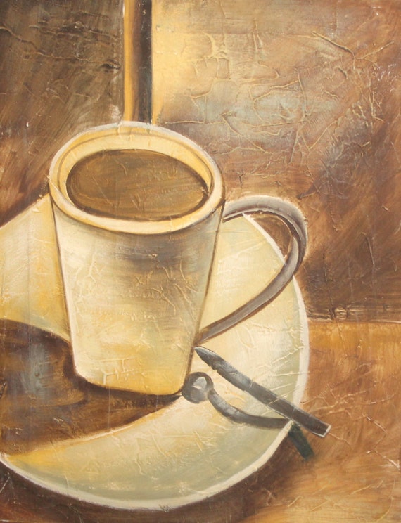 Modernist oil painting still life with coffee cup signed