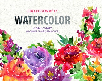 Watercolor floral clipart: 17 bright Branches, Flowers, Leaves, Boho Aquarelle Digital Clip Art, watercolour colorful flowers, wildflowers