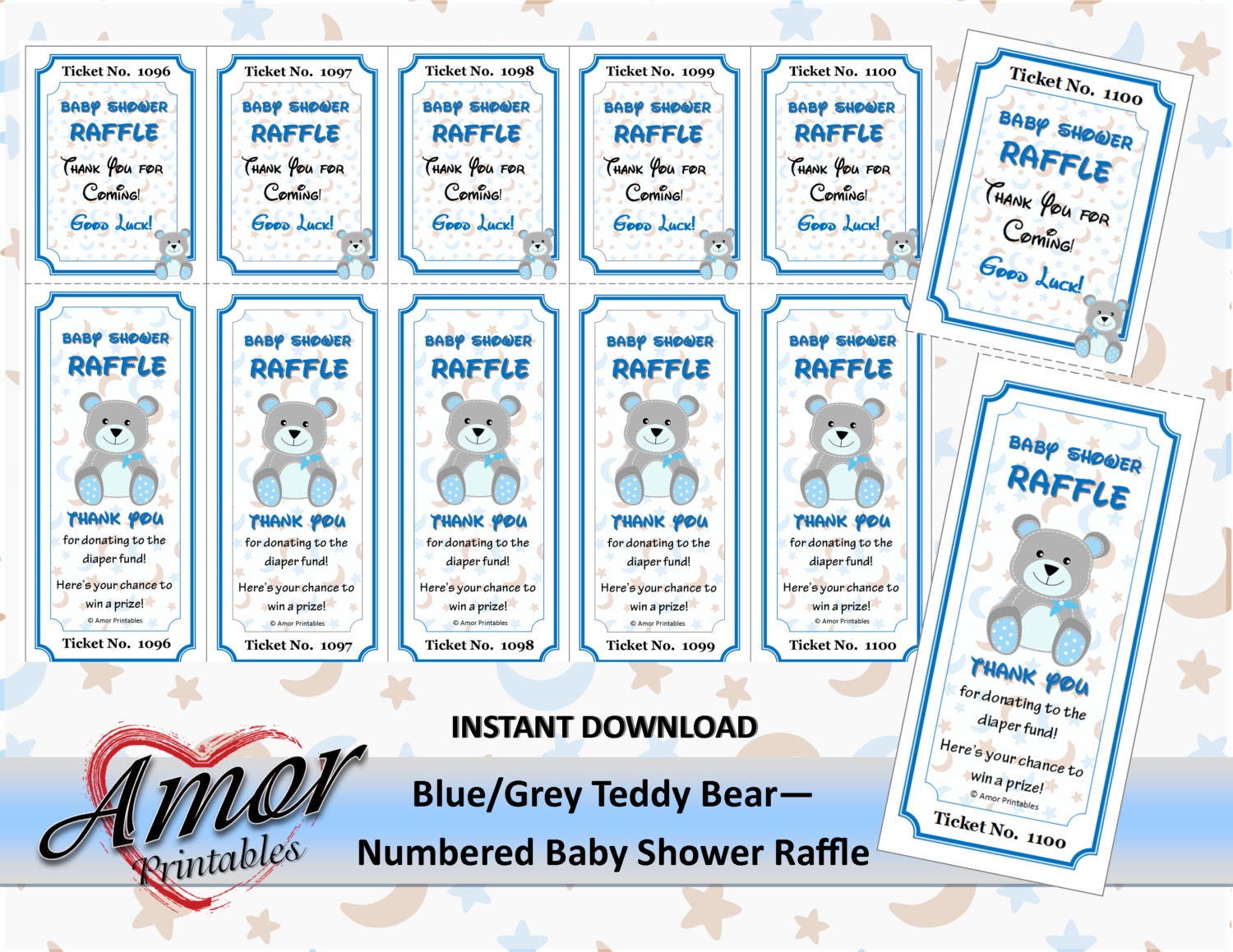 100 numbered baby shower raffle tickets teddy bear bluegrey
