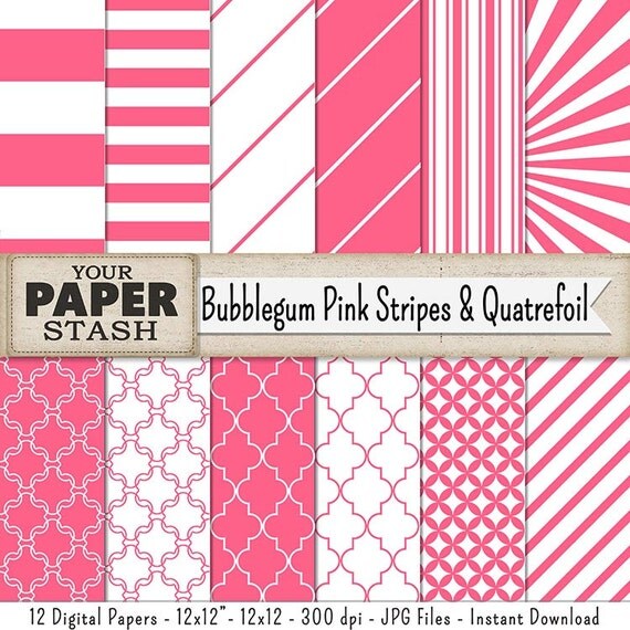 Pink Striped Digital Paper Bubblegum Pink Scrapbook Papers