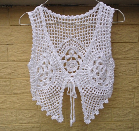 White Crochet Tie Front Crop Top Gypsy Vest