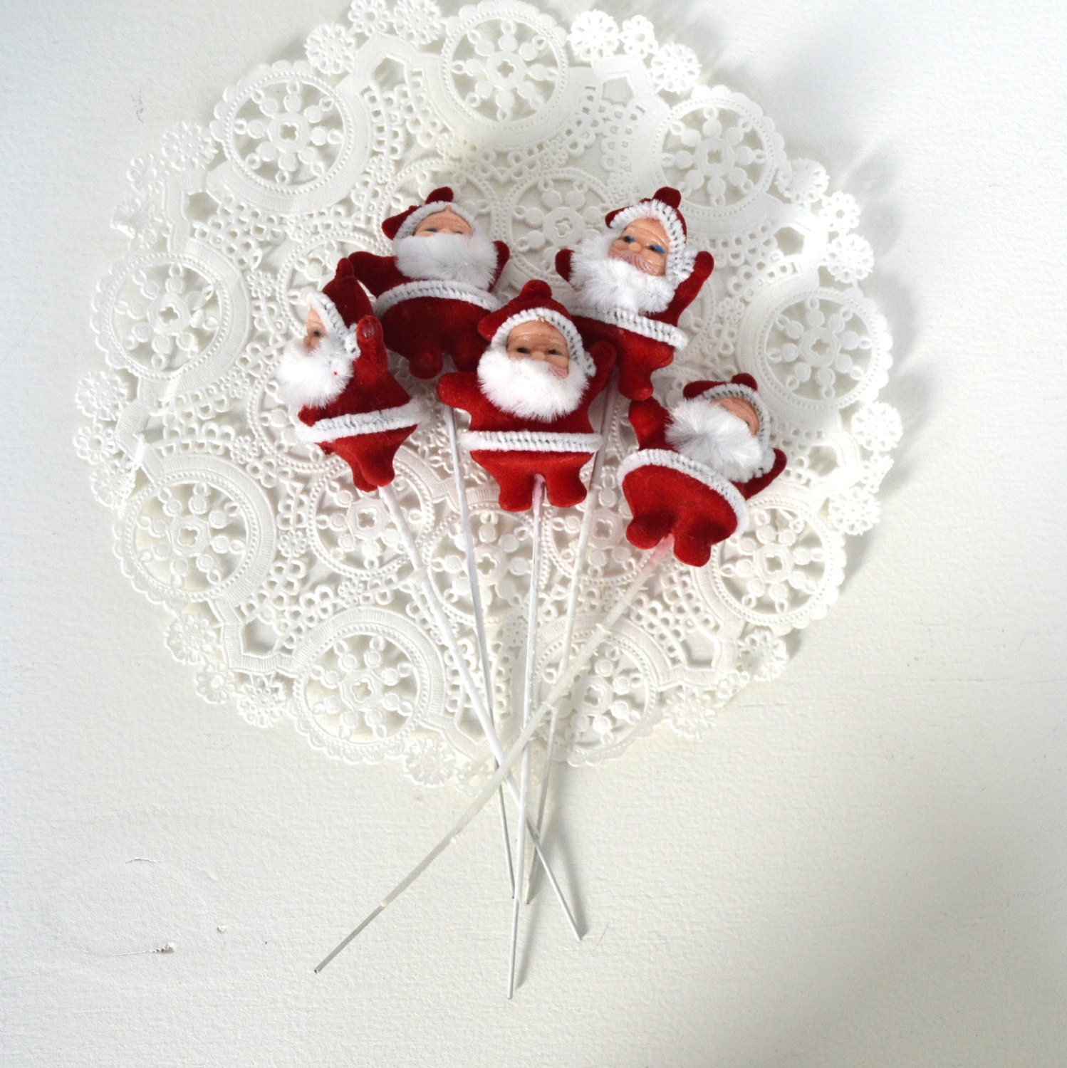 vintage lot of five santa claus Christmas picks flocked santa floral