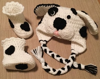 Crochet Dalmatian Hat and Booties, Dalmatian Puppy Hat, Character Hat, Crochet Booties, Halloween Costume, Dalmatian Booties, Photo Prop