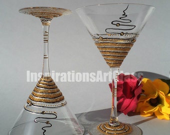 Hand painted Martini Glasses, Personalized Glasses, Gold Glitter Martini Glasses, Set of 2
