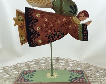Folk Art Angel, Hand Painted Angel, Flying Angel, Wood Angel Figure, American Folk Art, Guardian Angel, Wood Angel, Peach, Sage Green, Ivory