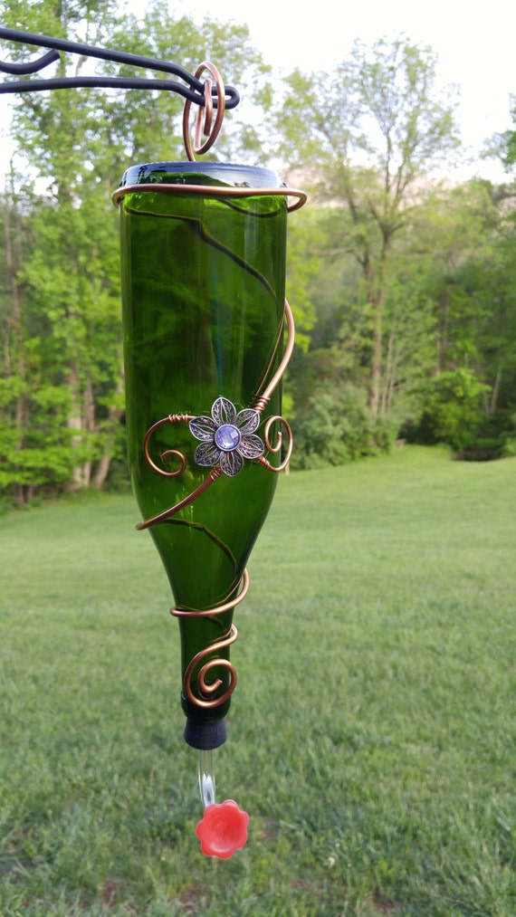 Glass Wine Bottle Hummingbird Feeder Emerald Green Recycled
