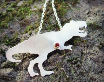 Sterling Silver Tyrannosaurus Rex Necklace, Dinosaur Pendant, Birthstone Pendant, Jurassic Jewelry, Gift for Her, Trex, Made to Order