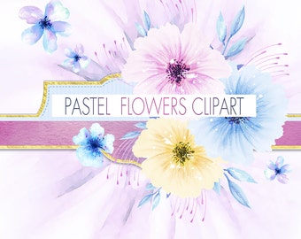 60% OFF SALE, Digital Watercolor Floral Clipart, Pastel Flowers Clipart, Watercolor Floral Clip art, Flowers Hand Painted Clipart, DIY