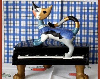 Goebel Cat Music Box Rosina Wachtmeister "Gino on Piano" Plays Song "For Elise" Rare - 1980s