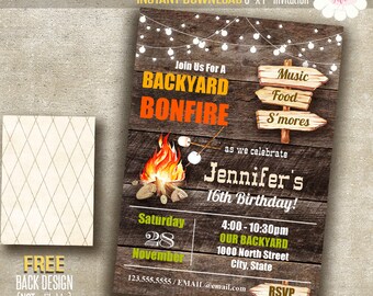 Bonfire invitation, Bonfire party, Backyard Bonfire, Printable Self Editable PDF File A126
