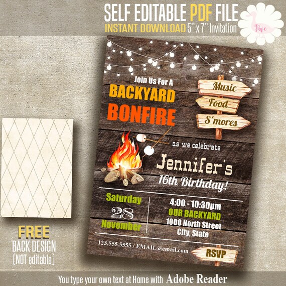 Bonfire invitation Bonfire party Backyard Bonfire Printable
