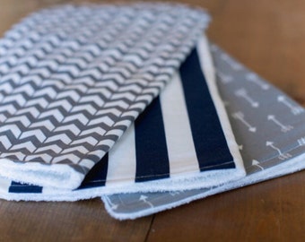 Set of 3 Baby Boy Burp Cloths - Navy Stripe, Gray Herringbone, Gray Arrow