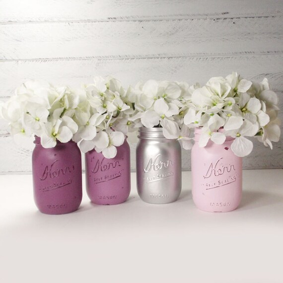 4 Hand Painted Mason Jars Flower Vases Lovely Lilacs