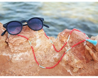 Beaded Sunglass Strap | Red Eyeglass Cord | Eyeglass Seed Bead chain with tassel | Beads Sunglasses Lanyard | Czech Bead Sunnies Straps