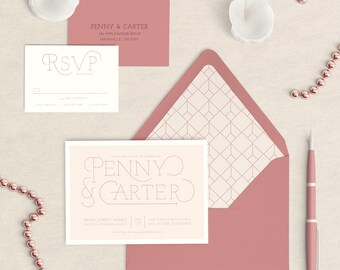 Blush Pink Wedding Invitation, Modern Wedding Invitation, Pink Wedding Invitation, Quartz Wedding Invitation, Art Nouveau Wedding Invitation