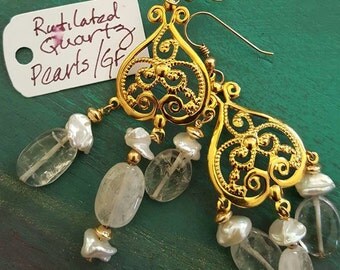 Bohemian, Victorian,  Quartz, Pearl, Goldfilled, Handcrafted Earrings