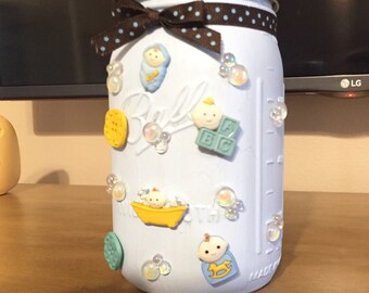 Baby boy gift mason jar baby shower centerpiece.