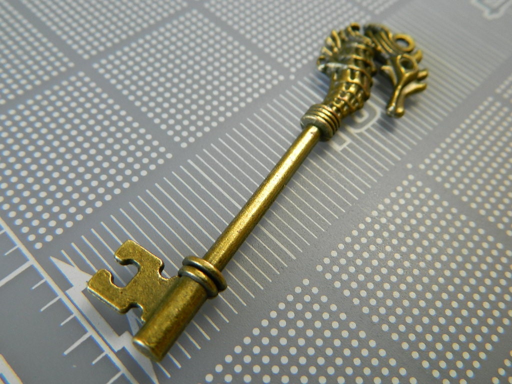 Large Mystical Bronze Skeleton Key Charm Pendant Fantasy