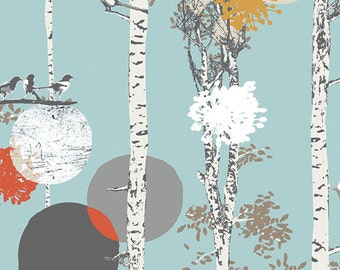 Birch Tree Fabric | Woodland Fabric | Magpie Print | Bird Fabric | Forest Fabric | Unique Fabric | Enchanted Forest | Blue | Moons