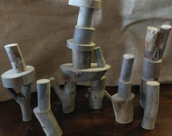 Natural wooden tree branch blocks (set of 22 in handmade calico bag).Made sustainably from fallen trees.Each block is unique.Waldorf blocks