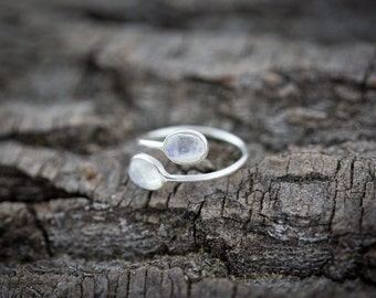 Open Adjustable Sterling Silver Ring with two Rainbow Moonstone Gems - Handmade Ring