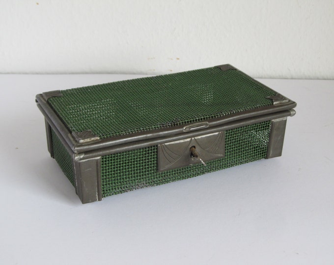 Green industrial mens trinket box, tool screw sorting storage case, open wire lockbox, mens jewelry box, watch box, vintage cash register