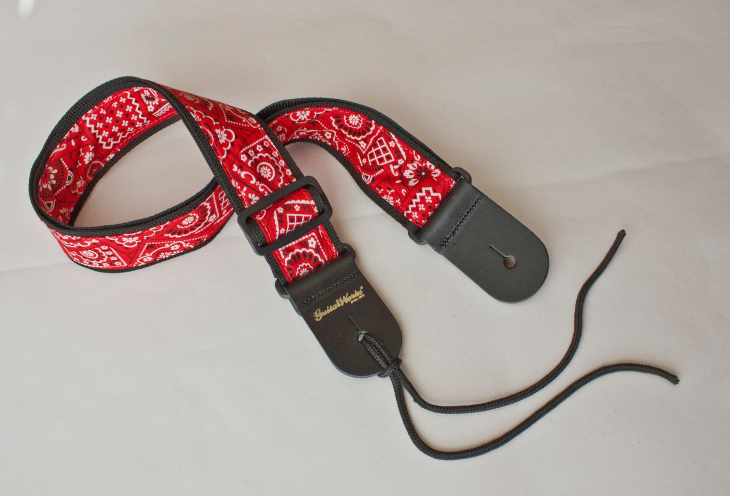 Guitar Strap Red Bandana On Black Nylon Solid Leather Ends