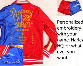 Harley Quinn Costume Jacket PERSONALIZED EMBROIDERED Harley Quinn Jacket for Halloween Harley Quinn Shorts for Cosplay Suicide Squad