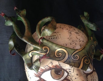 Medusa headpiece, dark and light greens with golden serpent scale accents