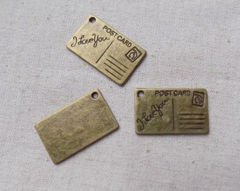 10 Antique Bronze tone Postcard Charms Pendants