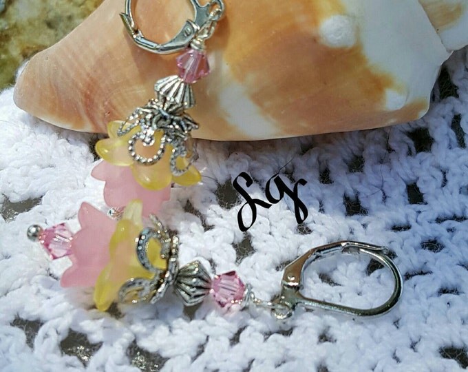 Flower Earrings, Swarovski Dangles, Yellow flowers ,Pink Flowers, Silver, Mother's Day, Birthday Gift, Gift for Her