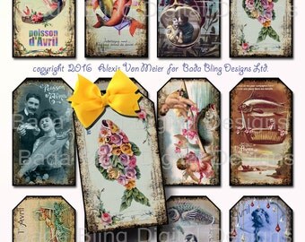 Poisson d'Avril, First day of April in France gift tags, tag collage sheets, INSTANT Download , Paris, printable tags, April Fools Day