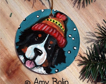 Bernese Mountain Dog "Snowy Weather" double sided ceramic Christmas ornament by Amy Bolin