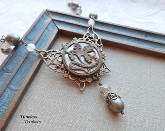 Golden Lily, Antique Mother of Pearl Button Necklace with Freshwater Pearl Earrings, One of a Kind, Beautiful and Unique