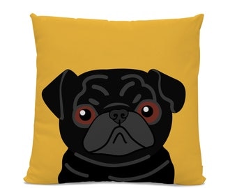 Pug Pillow - Black Pug on Yellow Pillow - Dog Pillow - Pug Lover Gift - Dog Lover Pillow - Kid's room pillow - Black Pug Decor - Dog Decor