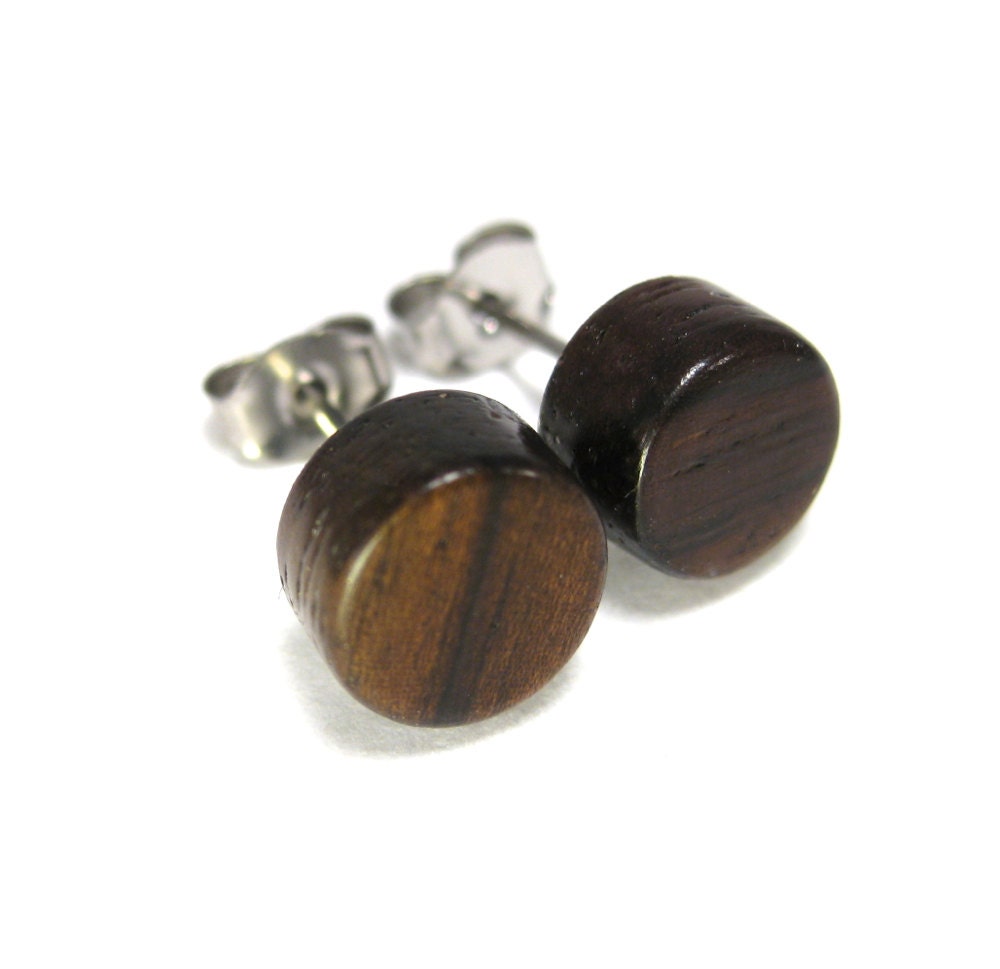 Mens Stud Earrings 8 mm Round Wooden Earrings in Rosewood