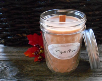 Mason Jar Candles-Autumn Scents-Fall Candles-Wood Wick Soy Candles-Maple Pecan-Caramel Apple-Pumpkin-Spiced Chestnuts