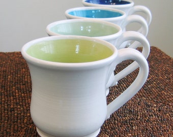 Coffee Mugs, Large Pottery Mugs, Wedding Gift, Ceramic Stoneware Set of Four Cups in Cool Tones, Hand Thrown Mugs, Large Mugs