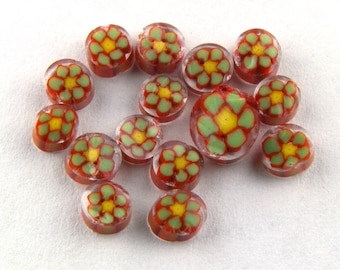 Handmade Lampwork Murrine Orange/Green Daisy 104 COE Murrini slices 15 - R