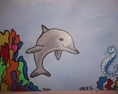 Clearance Sale Dolphin Seahorse Ocean Nursery Playroom Baby Shower Gift Boy or Girl Child Wall Art Original Art