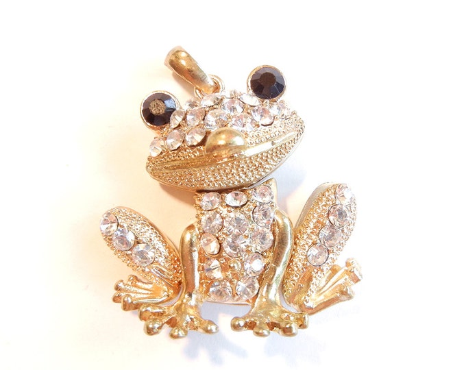 Large Gold-tone Frog Pendant Rhinestone Encrusted Articulated