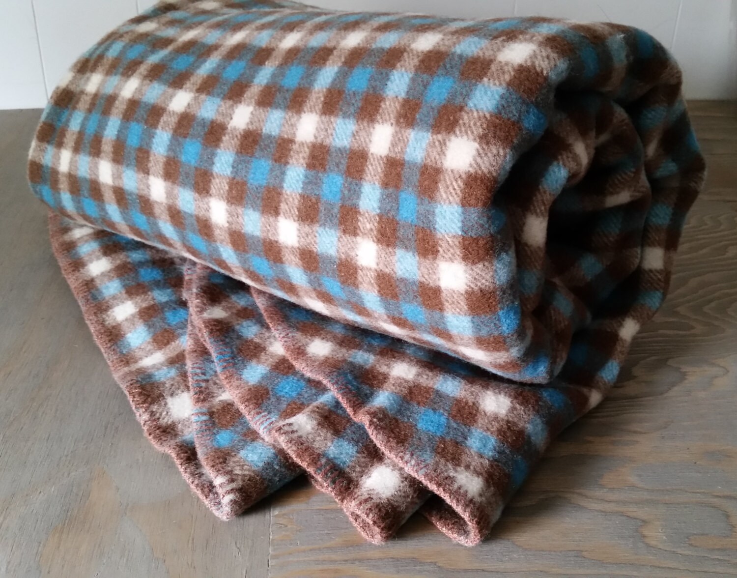 Vintage Wool Blanket Aqua Brown Plaid..1950's Twin Bed