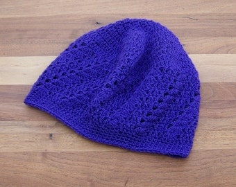 Crochet Boho Beanie - Kufi Hat - Lace Beanie - Skull Cap - Deep Purple