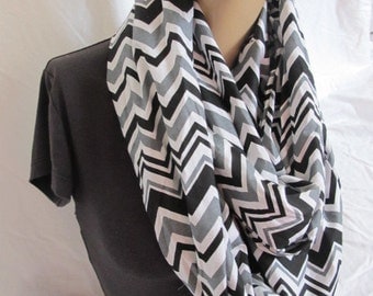 Black Chevron Print Infinity Scarf, Cowl, Fabric Infinity Scarf, Fabric Cowl, Summer Scarf, Summer Cowl, Loop Scarf, Circle Scarf