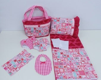 Bitty Baby Basics in Love Letters - Diaper Bag and Diapers with Blanket and Pillow